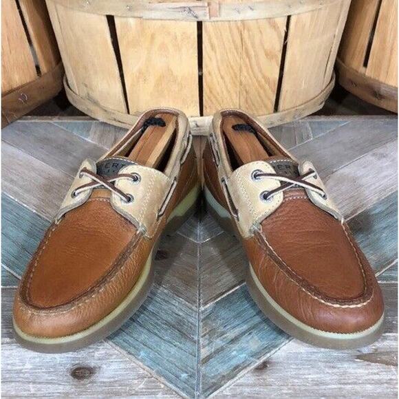 Sperry Mako 2-Eye Canoe Tan Cream Leather Lace-Up Boat Shoes Mens Size 7 - Picture 6 of 10